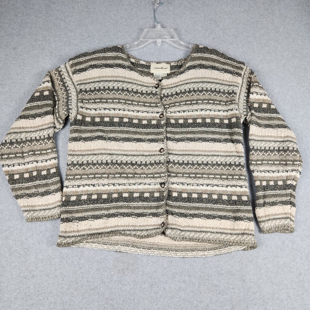 Eddie Bauer Cardigan Sweater‎ Womens XL Grey Patterned Tight Knit Button Front